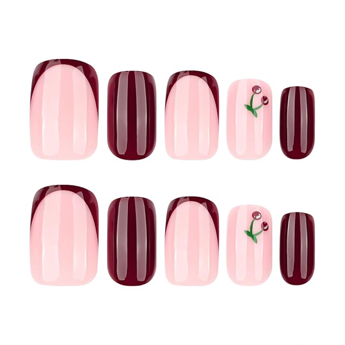 Square Press on Nails Short Fake Nails with Designs Cherry Stick on Nail Retro Red Acrylic False Nail Glossy Artificial Nail Full Cover Glue on Nails for Women 24Pcs