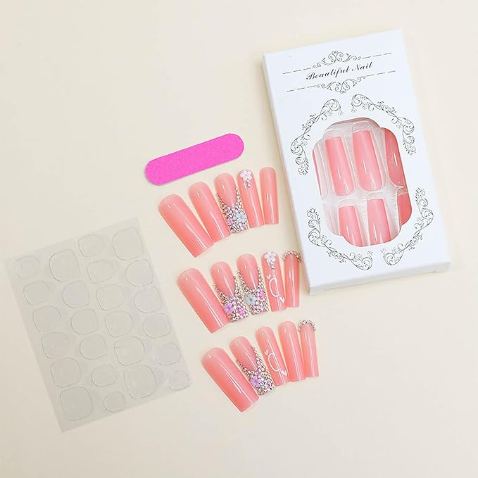 RTKHFZE Extra Long Press On Nails - Pink Full Cover False Nails with 3D Flower & Rhinestone Designs, French Tip, 24 Pcs