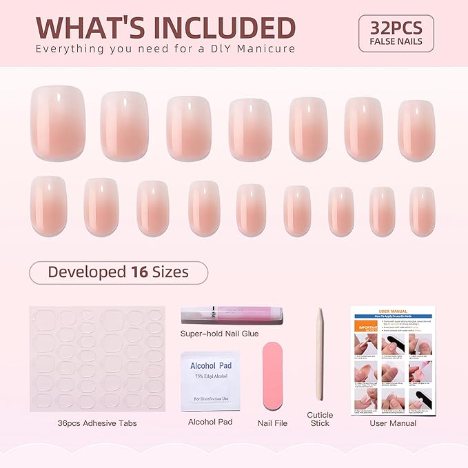 32 Pcs Press on Nails Short Square Shaped False Nails with Pink White Gradient Designs French Luxurious Thickened Fake Nails Full Cover Acrylic Nails Stick on Nails for Women Nails Manicure Decor