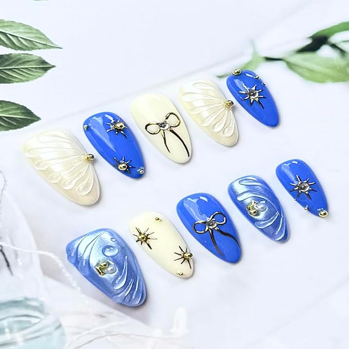100% Handmade Press on Nails Medium Almond Handmade Nails with Rhinestones Bow Design Glossy Ombre Blue Fake Nails Pearl Sun Nail Press ons Reusable Spring Summer Acrylic Nails for Women Size L 10Pcs