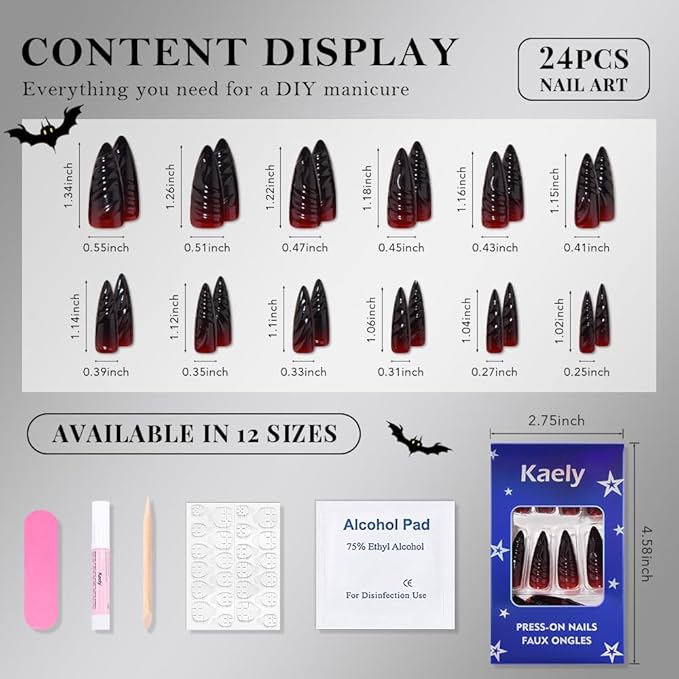 Ombre Red to Black Press on Nails Long Almond, Long Almond Glossy Stick on Nails Press ons for Women with Manicure Kit, Reusable Acrylic Soft Gel Stick on Fake Nail with Ombre Designs Perfectly Fit