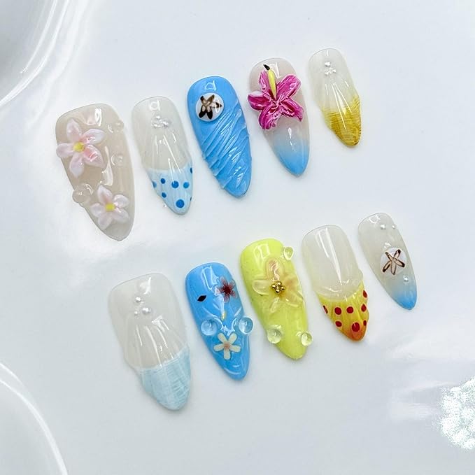Handmade Press on Nails Medium Almond Flower Fake Nails with Glue,Muti-Layer Gel False Nails with 3D Flower Embossed Design Glitter Thick Press ons Nail Pearl Acrylic Nails for Women (Size S)