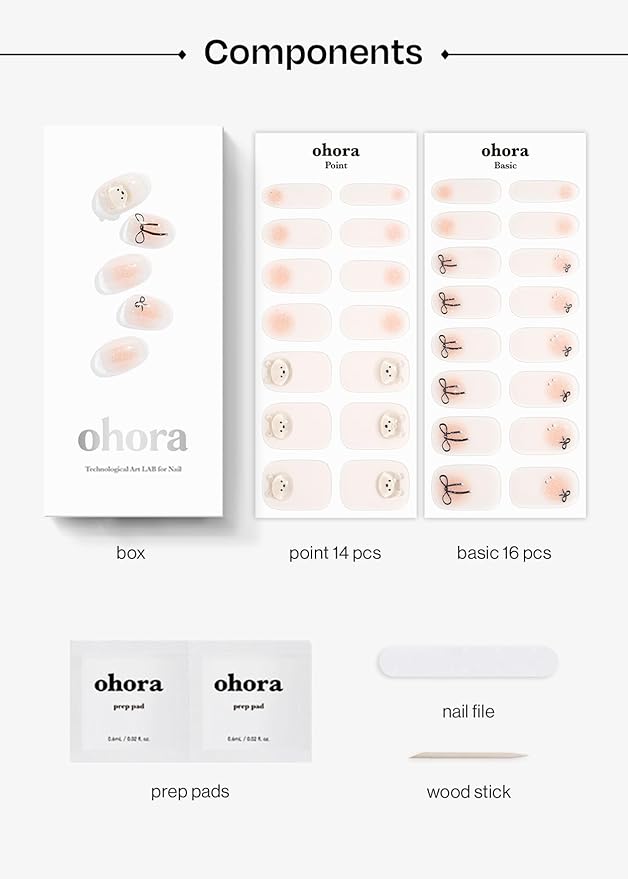 ohora Semi Cured Gel Nail Strips (N Bear Up) - Works with Any Lamps, Salon-Quality, Long Lasting, Easy to Apply & Remove - Includes 2 Prep Pads, Nail File & Wooden Stick