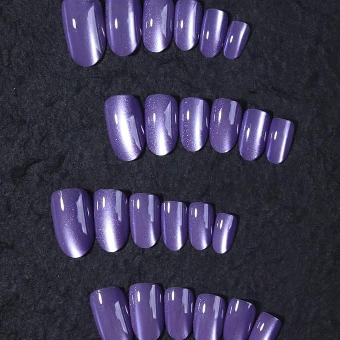Purple Press on Nails Short Almond Fake Nails Finish Cat Eye False Nails Solid Color Glue on Nail Reusable Glitter Gradient Acrylic Nails Full Cover Stick on Nail for Women Manicure 24Pcs