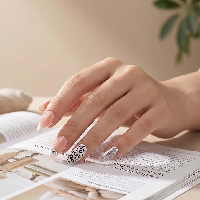 French Tips Press on Nails White with Drill Leopard Print Almond Fake Nails Nude Medium Length False Nails with Designs Full Cover Print Glitter Acrylic Glue on Nails for Women 24 Pcs