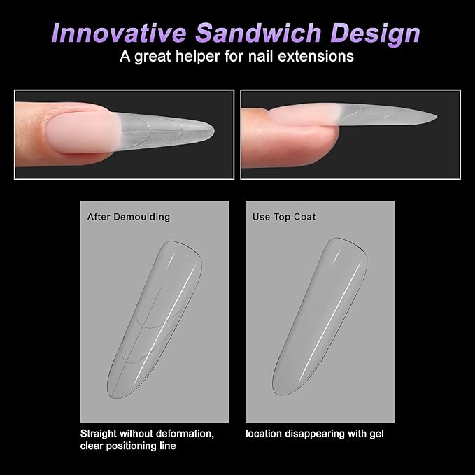 VOCOSTE 240pcs Sandwich Dual Nail Forms, Almond Round Nail Art Tools for Quick Nail Extension, 15 Sizes Plastic Reusable Form, Long Nails DIY Salon & Bride Party Manicure Kits