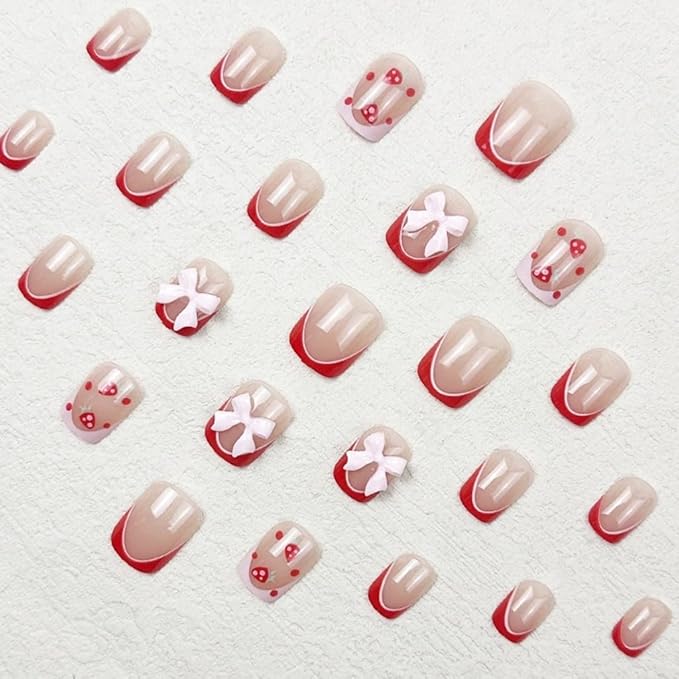 Press on Nails Short - Square Fake Nails with Strawberry Design - Red French Tip False Nails Press ons - for Women 24 Pcs