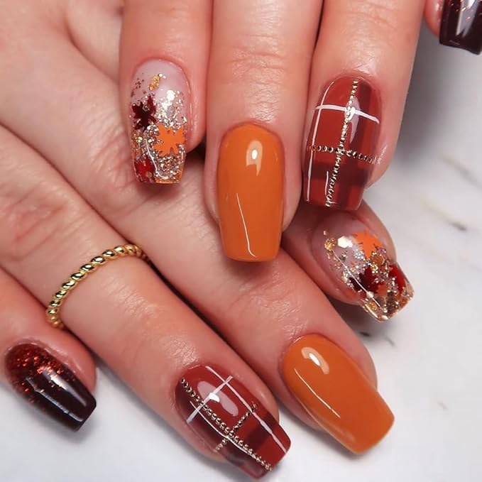 Fall Press On Nails Medium Square, Autumn Orange Wine Acrylic Press On Nails, Lattice Maple Leaf Glitter Designer Reusable Fake Nails, Glue On Nail Press Ons for Hallows' Day Women