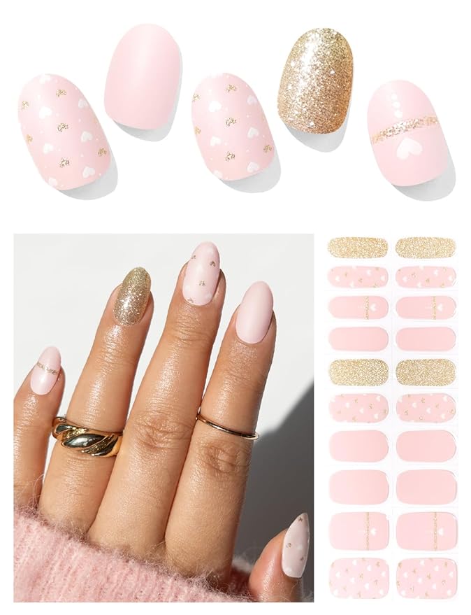 Semi Cured Gel Nail Strips (Matte Pink Heart), 20 Pcs Gel Nail Wraps, Stickers, UV Light Required, Salon Quality, Long Lasting