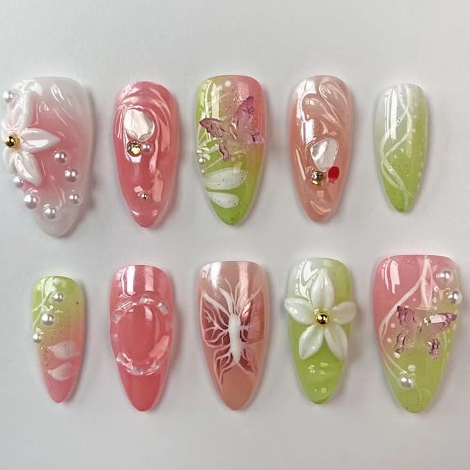Small Size MAGLFELL Press On Nails - 3D Almond Handmade Unique Fake Nails, Artistic Design, Thick Acrylic and Muti-Layer Gel False Nails (Size S)