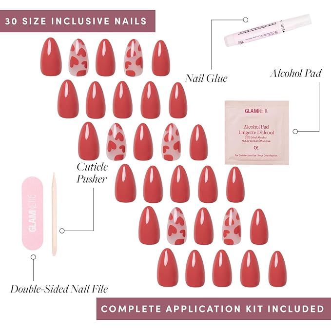 Valentines Day Glamnetic Press On Nails - Love Me | Glossy, Semi-Transparent, Short Almond Red Heart Nails, Salon Quality | 15 Sizes - 30 Nail Kit with Glue
