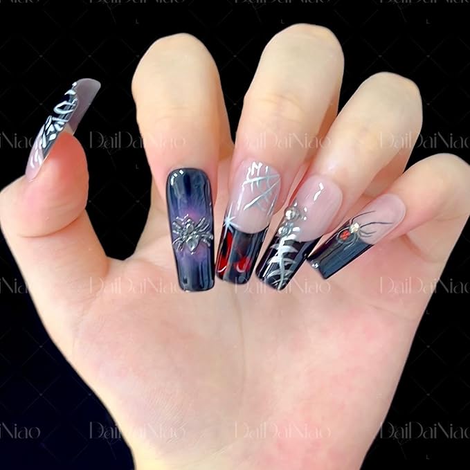Handmade Press on Nails Spider Web & Spider with Designs Full Covered Halloween Fake Nail Black French Tip Long Square Stick on Nail Full Cover Reusable ABS Material Halloween Nails for Women (S)