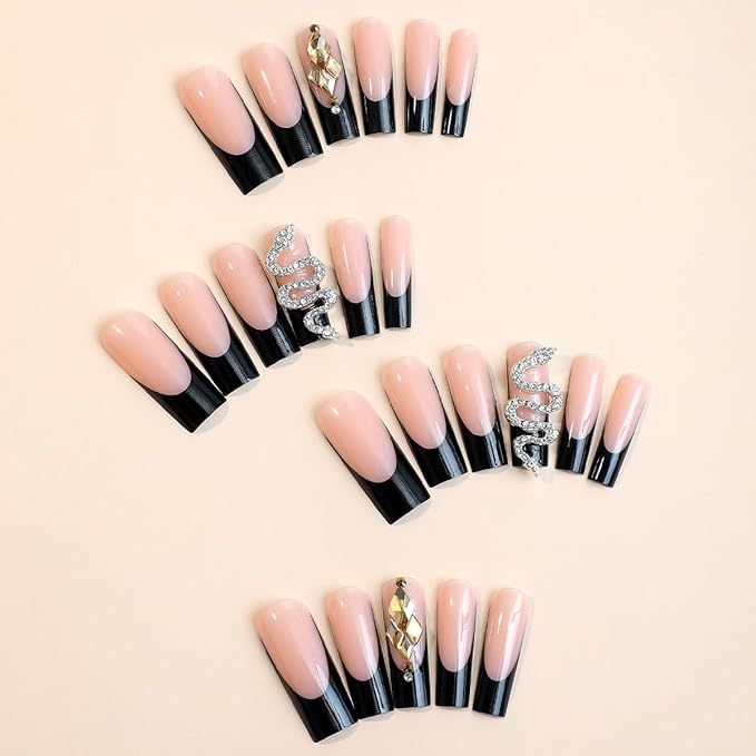 Long Square Press on Nails Black French Tip Fake Nails 3D Snake Rhinestone Design Full Cover Glossy Glue on Nails for Women 24PCS