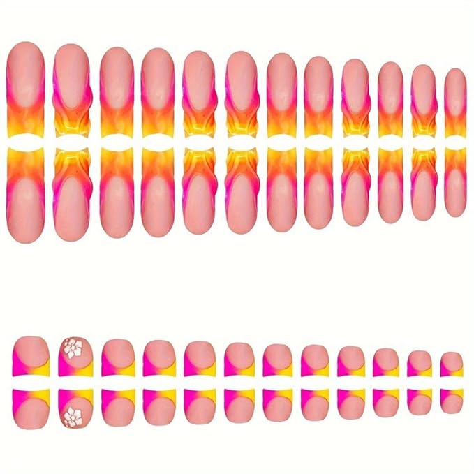 48Pcs Gradient Orange Pink French Tips Press on Toenails Water Ripple Press on Nails Long Square False Nails with Ombre Design White Flower Fake Toes Glossy Skin Tones Nails for Women DIY Manicure