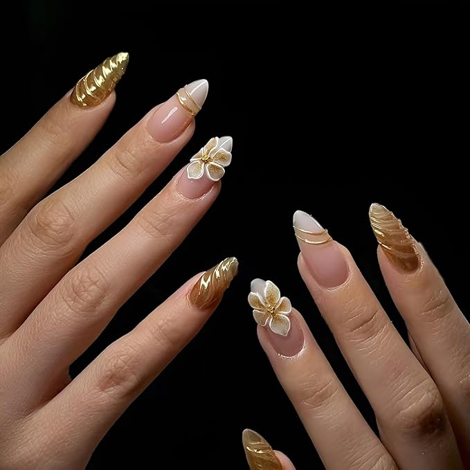 Flower Fake Nails Medium Almond Press on Nails Gold Nails Press Ons Glossy Full Cover False Nails with Rhinestones Design Acrylic Glue on Nail Reusable Stick on Nail for Women Decorations 24Pcs