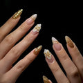 Flower Fake Nails Medium Almond Press on Nails Gold Nails Press Ons Glossy Full Cover False Nails with Rhinestones Design Acrylic Glue on Nail Reusable Stick on Nail for Women Decorations 24Pcs