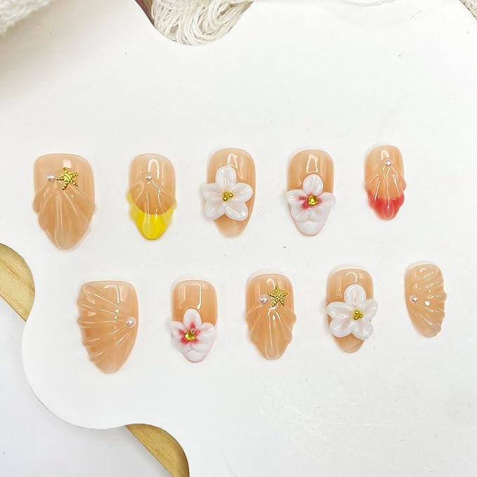 Handmade Press on Nails Rhinestones Press on Nails French Tip Short Almond Fake Nails with 3D Flower Fake Nails Full Cover Design False Nails Reusable Acrylic Nails for Women Art Manicure (Size M)