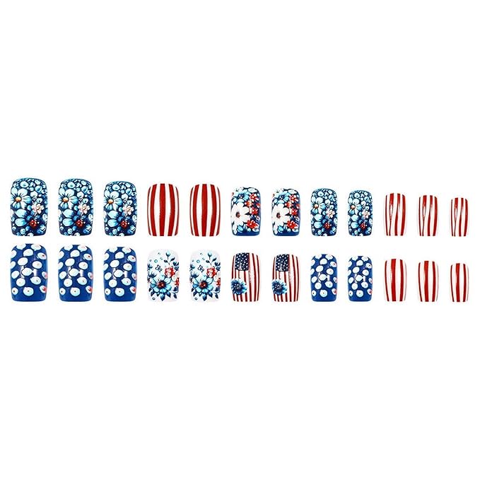 4th of July Press On Nails Medium Square 24 Pcs Acrylic Nails with Floral Red White Stripes Designs Glossy Glue on Nails for Women Girls