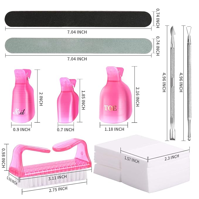 Teenitor Nail Polish Gel Remover Tool Kit, with Soak Off Clips, Cuticle Pusher Peeler Scraper, Remove Pads, Nail Files Buffer Block, Nail Brush Pink