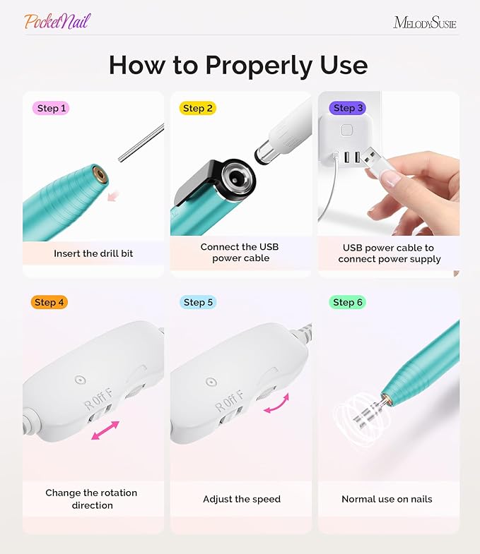 MelodySusie PocketNail Slim Ergonomic Pen-Shaped USB Nail Drill, PC100G 20000RPM Portable Electric File for All Manicure, Pedicure Nail Care, Shaping & Gel Removal at Home for Beginners