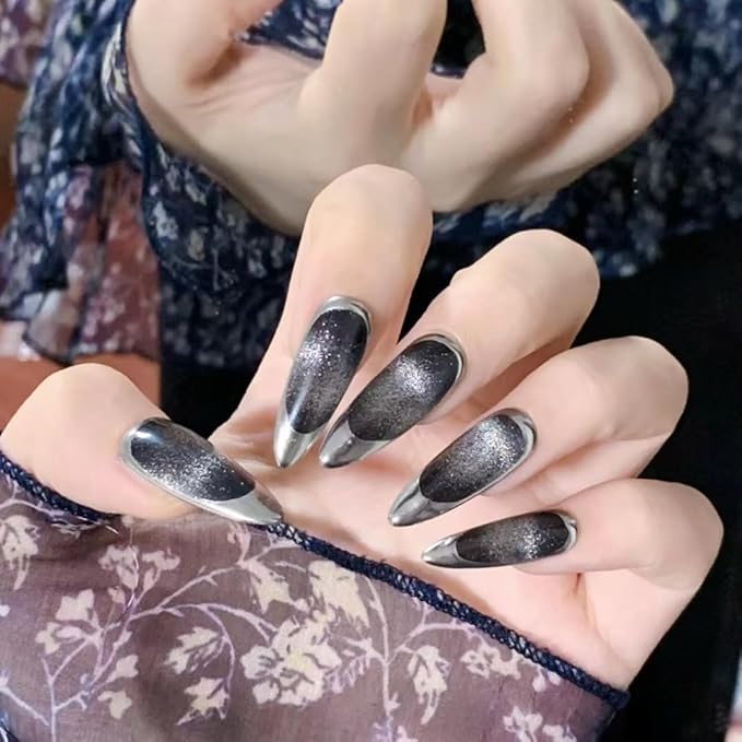 3D Almond Press on Nails, Long Almond Fake Nails French Gradient False Nails Middle Black Press on Nails for Women Girls Nail Art Decoration - Middle
