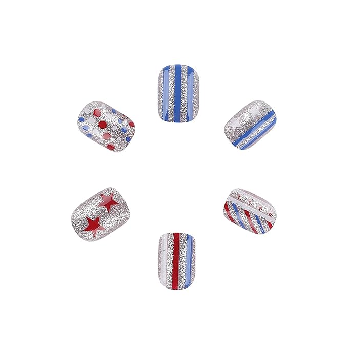 4th of July Press on Nails Short Square Sliver Glitter Fake Nails Full Cover Tricolor False Nails with Star Designs America Flag Acrylic Nails Glossy Glue on Nails Artificial Nails for Women Girls