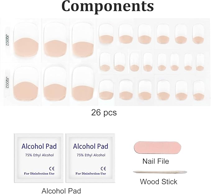 26 Pcs Semi Cured Gel Toe Nail Strips White French Tip Gel Nail Stickers Full Cover Nails Wraps Nude French Toe Nails Polish Strips Stickers for Women UV/LED Light Required
