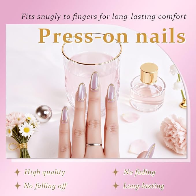 evpct Gold Line 3D Cat Eye Press On Nails Medium Almond with Designs, 3D Crystal Handmade Press on Nails for Women, Reusable Medium Almond Gel Acrylic Fake Nail Stick on Soft Nail Gold Tip