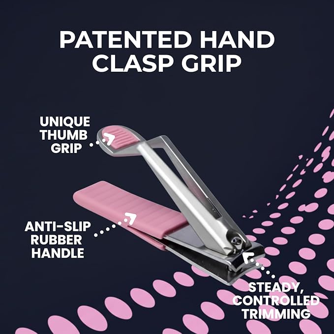 Nail Clippers, Stylish, Comfortable for Seniors, Fingernails, Premium Stainless Steel, Curved Edge, Wide Jaw, Ergonomic, Thumb Rest, Comfort Cuts, Women, Men, Teens, Special Needs, (Pink)
