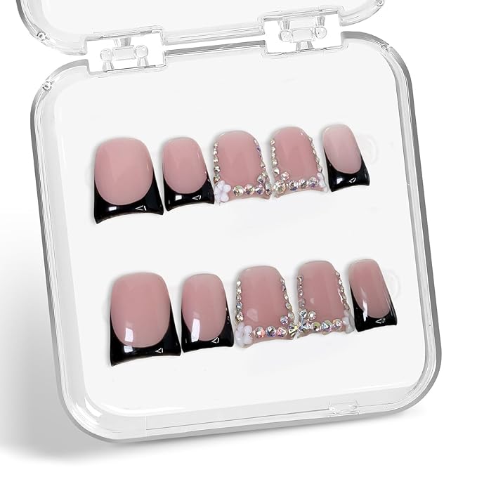 Handmade Press on Nails Muti-Layer Gel Acrylic Nail Short Duck Black French Tip Fake Nails Flower & Rhinestones Designs Luxury Handmade False Nail Art Full Cover Thickened Stick on Nails for Women (S)