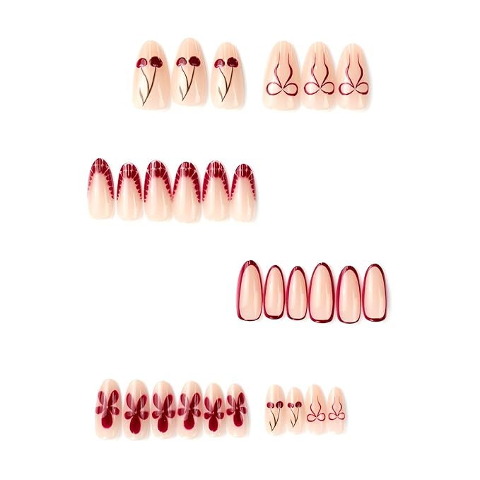 Flower Press on Nails Medium Almond Fake Nails French Tip Nails Press Ons Nude Purple False Nails Bow Glue on Nail Glossy Full Cover Stick on Nail for Women Decorations Set 24Pcs