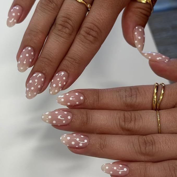 Polka Dot Press on Nails Almond Medium Fake Nails Nude Natural False Nails Glossy Cute Glue on Nails Reusable Acrylic Nail for Women Manicure 24Pcs