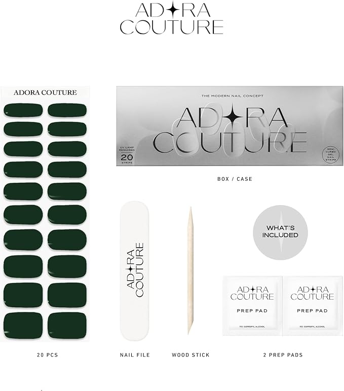 Semi-Cured Gel Nail Strips - 20 Salon-Quality Gel Sticker with UV Light Required, Long Lasting, Easy Application & Removal, Includes Prep Pad, Nail File, Wooden Stick (Green Moss)