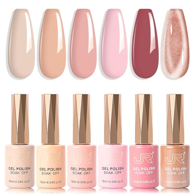 JR Gel Nail Polish Set, 16ml Full Size Bottle 6 Colors Nude Brown Pink 9D Cateye Glitter Nail Gel Polish Gift Soak Off Led Nail Art Kit Salon DIY Colorful Bottle B