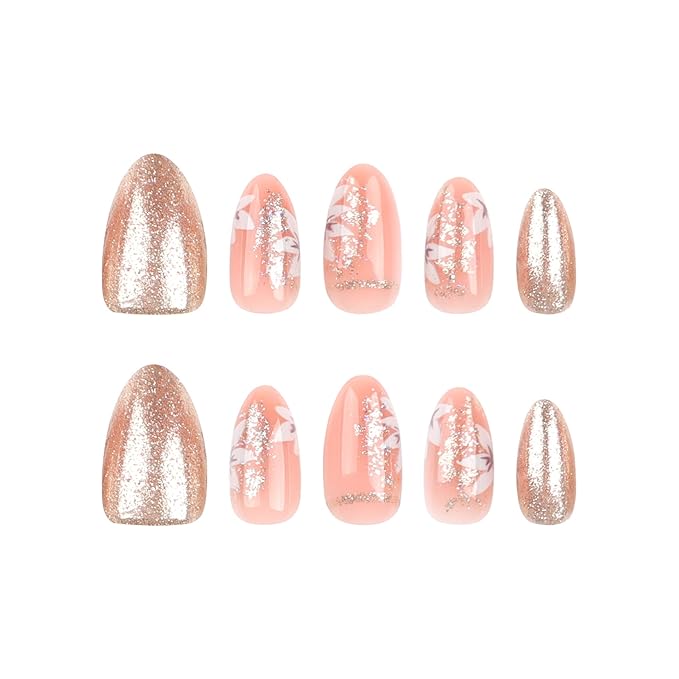 Press on Nails Medium - Almond Fake Nails with Flower Design - Gold Glitter Full Cover Stick on False Nails - for Women 24 Pcs