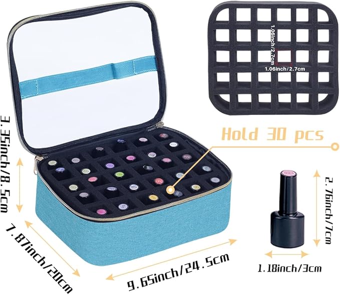 Small Clear Nail Polish Case Holds 30 bottles(15ml-0.5fl.oz) Nail Polish Organizer Multifunctional Nail Polish Bag organizer, Cosmetic Travel Makeup Cases for Women, Green