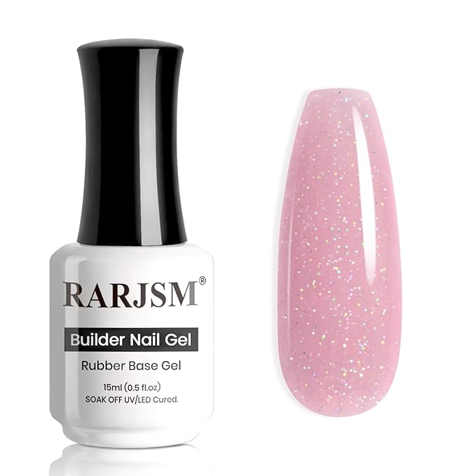 RARJSM Nude Rosy Mauve Pink Rainbow Glitter Rubber Base Coat Gel Nail Polish Natural Skin Tone Iridescent Shimmer Brush on Extend Jelly Gelpolish Curing Requires 15ml Salon Home French Manicure
