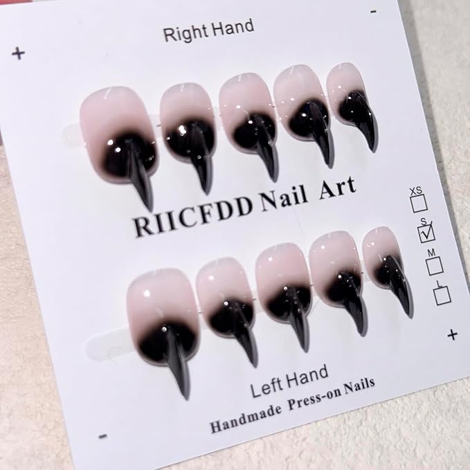 10 Pcs Stiletto Press on Nails Curved Medium Cat Claw Nails Press Ons Unique 3D Black French Tip Cat Claw Handmade Fake Nails Thick Gradient Designs Stick on Nail Glossy Acrylic Nail (S)