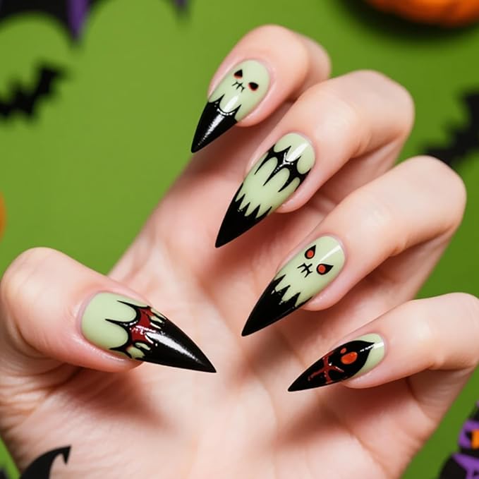 Cute Ghost Press on Nails - Halloween Fake Nails with Black Bat Nail Tip Designs | 3D Long Stiletto False Nail,Reusable Stick on Nail for Women Girls | 12Size - 24Pcs with Jelly Glue