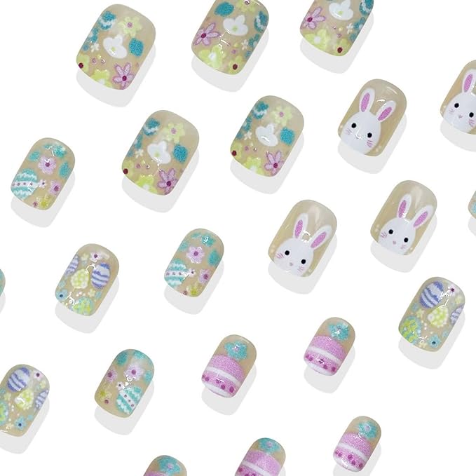 24 Pcs Easter Press on Nails Short Square Fake Nails with Easter Egg Designs Cute Bunny Acrylic Nail Colorful Flower Stick on Nails Full Cover Holiday Nail for Women Manicuare Art