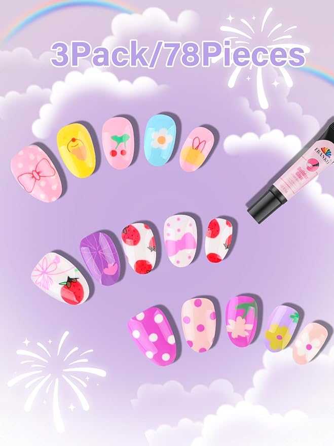 78PCS Kid Press on Nails, EBANKU 3 Pack Children Fake Nail Kit Full Cover Short False Fingernails with Nail Glue for Girl Nail Decoration (Colorful Polka Dots Flowers)