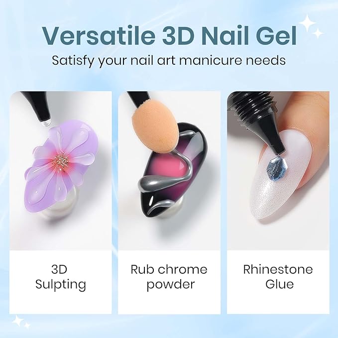 MIZHSE 30g 3D Gel Nail Art, Sculpting Gel Glue for Molding, Drawing, Charms & Gems, Chrome Powder, Rhinestone Design, Clear No Wipe Nail Polish for DIY Winter Christmas Nail Art