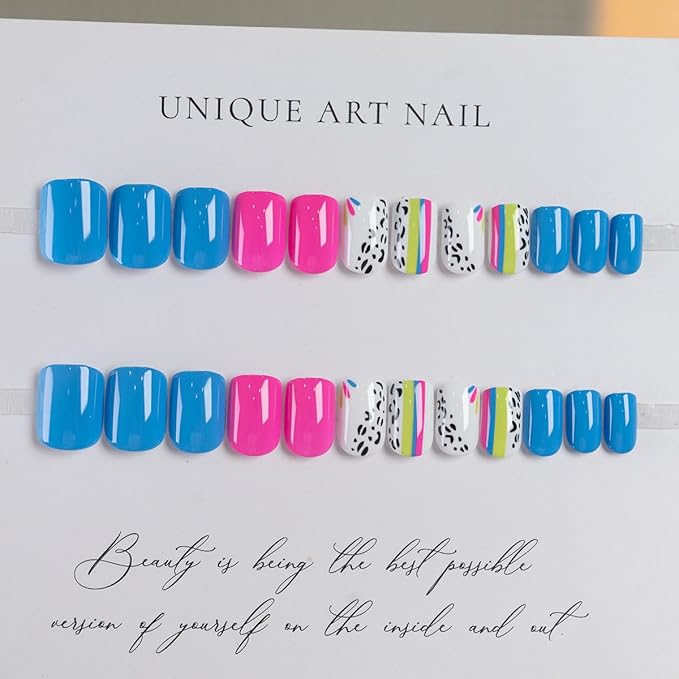 Press on Nails Short - Square Fake Nails with Colorful Line Design - Glossy Full Cover Stick on Nails - for Women 24 Pcs