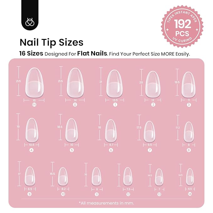 Beetles Tipex Instant Apex Nail Tips, Oval Short, 16 Sizes (00–14), 192pcs, Built-In Apex, No Builder Gel Required, Thicker Strong Acrylic Tips for DIY Nail Extensions