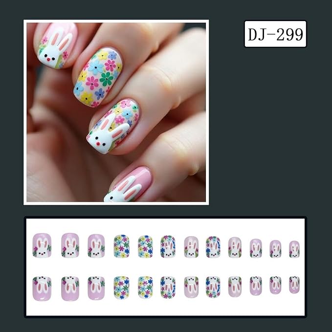 24 Pcs Easter Press on Nails Cute White Bunny Fake Nails Short Square Acrylic Nails with Colorful Flower Designs Full Cover Glossy False Glue on Nail for Women Easter Manicuare Art Decoration