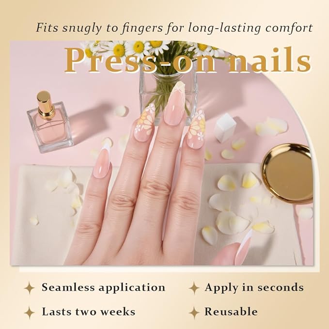 evpct Flower French Tips Press on Nails Short Almond for Women Gift, Nude + Yellow Tips, Glossy Soft Gel Press Stick on Nail with Nail Kit, Supremely Fit Full Cover, Reusable Acrylic Fake Nails Kit