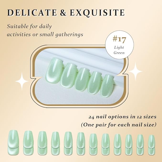 evpct Light Green Cat Eye Coffin Press on Nails Square Medium, Medium Square Stick on Nail for Women, Pale Green Metallic Glitter Glossy Reusable Summer Soft Gel Press on Acrylic Fake Nail with Design
