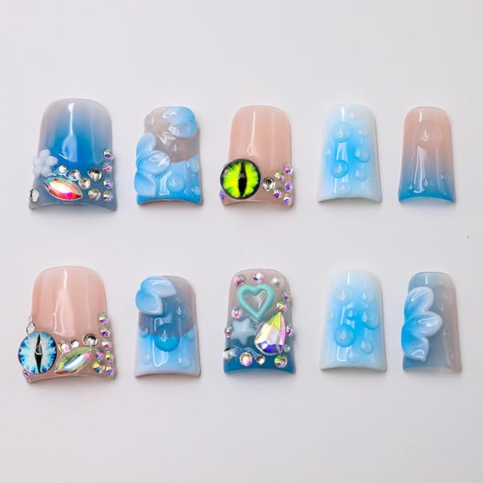 Handmade Nails Thick Press on Nails Medium Duck Nails Blue Fake Nails with Gem Design Reusable Acrylic Nails with Glue 3D Flower Art Nature Stick on Nail Luxury False Nails for Wome (Size M)