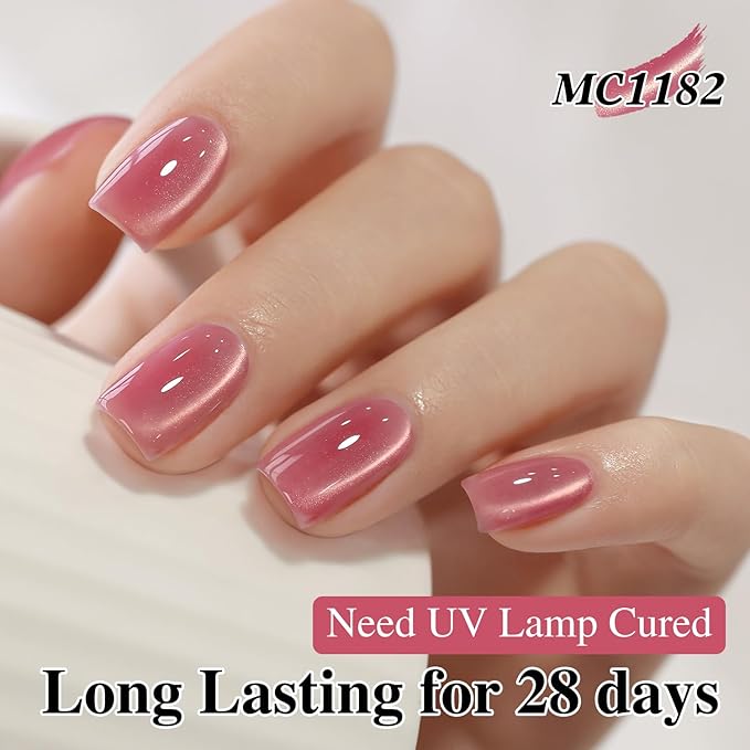 Double Rhythm 0.5 Oz Cat Eye Gel Polish with Magnet Same Color Same Bottle Holographic Glitter Shimmer Translucent Color Salon 15 ML Magnetic Nail Art (Rose Pink-MC1182)