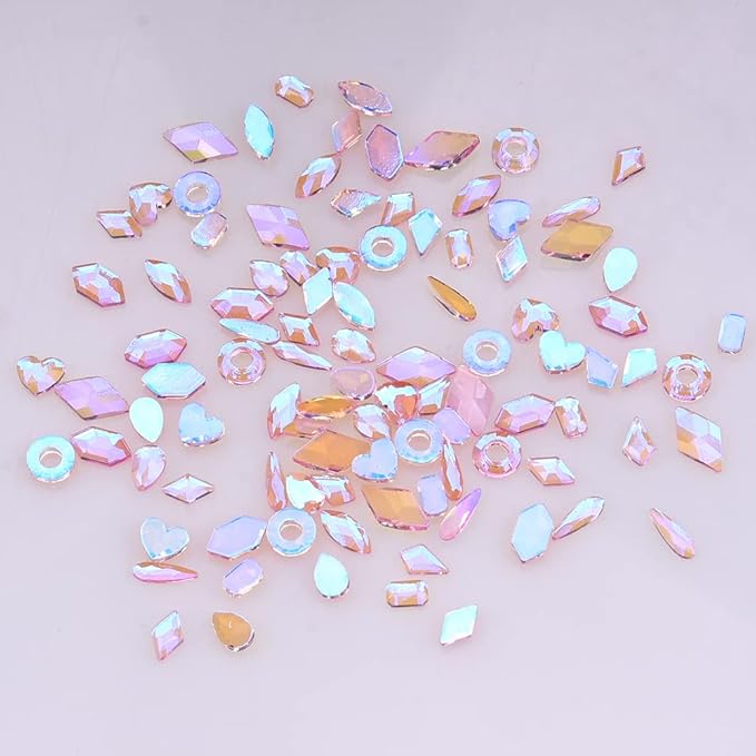 100pcs Pink Aurora Nail Rhinestones 10 Shapes Mix Flatback Heart Circle Gems for Nail Art 3D Design Manicure Beauty Crystals Accessory Supplies